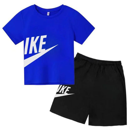 Fashion Sport 2Pcs Outfit, Printed Short Sleeve Tee and Shorts, Comfortable Summer Tracksuit for Boys Girls