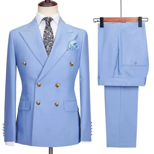 Double Breasted Men Suit Navy Blue High Quality Wedding Costume Party Prom Gold Buttons Groom Suits