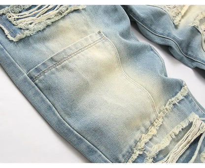 Autumn Men's New Light Blue Slim Fit Jeans Men's Ripped Loose Jeans Elastic Hole Versatile High Street Denim Pants Retro Washed