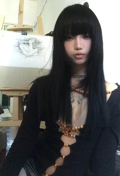 Japanese Y2k Hollow Out Tops Vintage Harajuku Beaded T Shirt 2000s Aesthetics Long Sleeve Slim T-shirts American Retro