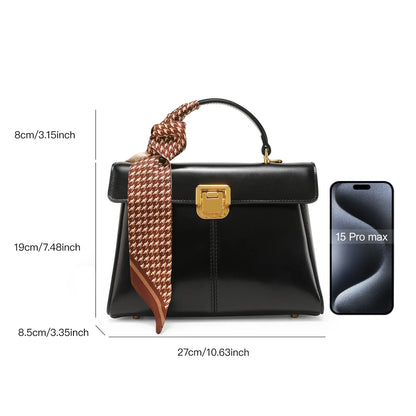 Genuine Leather Handbag with Scarf | Luxury Designer Trendy Shoulder Bag Solid Color Commuting Bag | bags for women gift