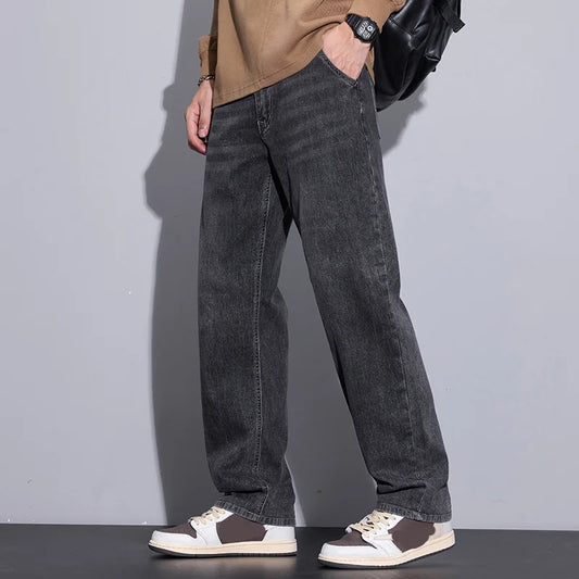 New Men's Micro Elastic Wide Leg Jeans American Retro Versatile Loose Fit Long Pants for All Seasons