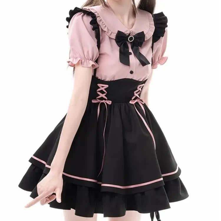 Cute Sweet Lolita Dr Set Women's School Sle Princ Skirt Blouse Two-Piece Set High Waist A-Line ort Sve Doll Collar