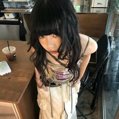 Gothic Tank Tops Women Sleeveless Tie Dye Y2k Vintage Crop Tops Streetwear 2000s Japanese Lace Up Camis E-girls Summer