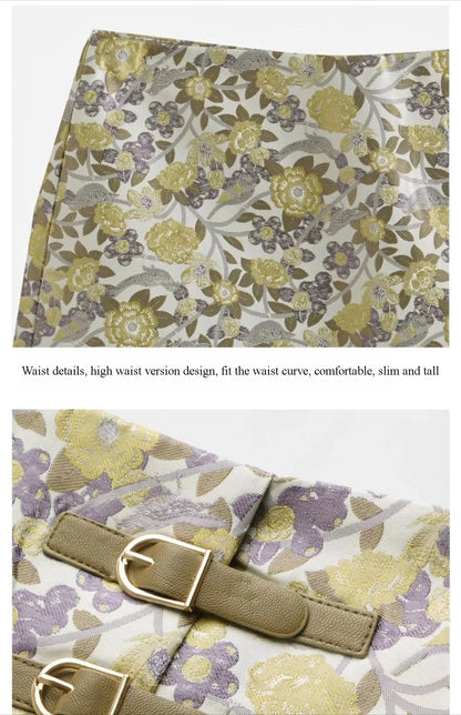 Women's Floral Mini Skirts 2026 Summer A-line Jacquard Irregular Chic Leather Buckle Short Skirt O21QB55108