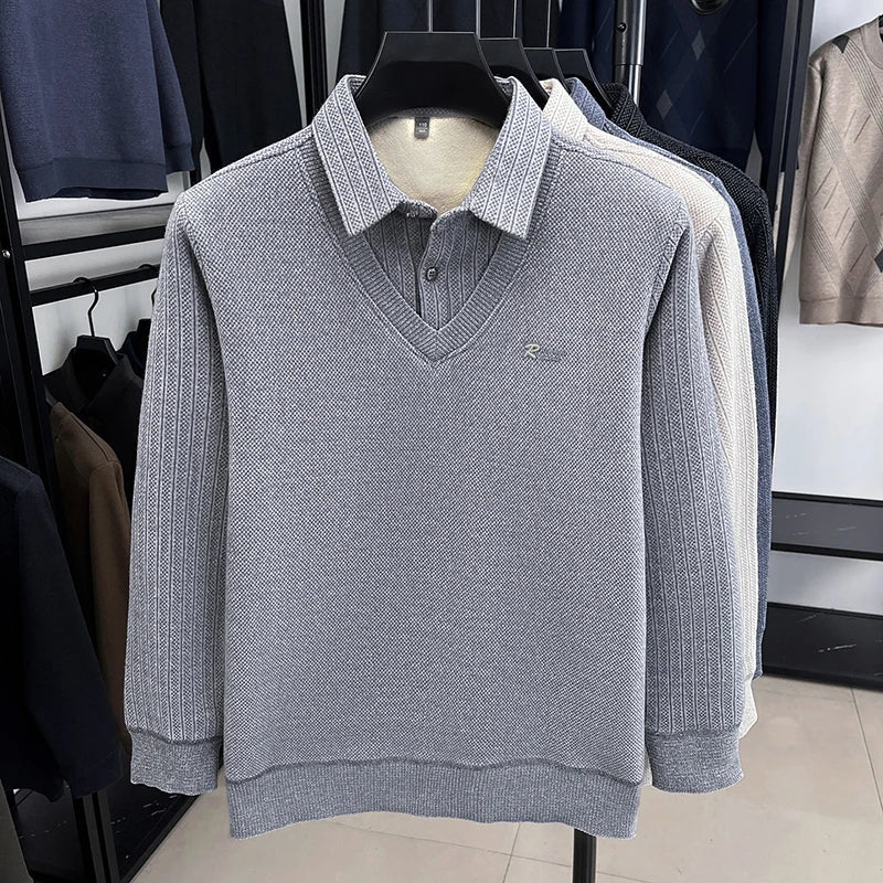 Winter Men's Vacation Two-piece Thick Woolen Sweater with A Warm Collar and Knitted Polo Base for Middle-aged and Elderly People
