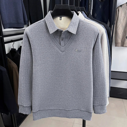 Winter Men's Vacation Two-piece Thick Woolen Sweater with A Warm Collar and Knitted Polo Base for Middle-aged and Elderly People