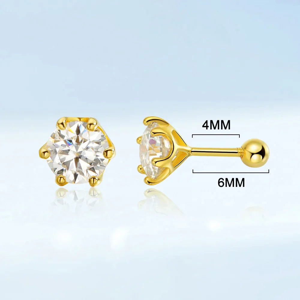 0.2/0.5/2ct D Color Moissanite Screw Stud Earrings for Women Men Silver 925 Plated 18K Pass Diamond Test 6 Prong Earring