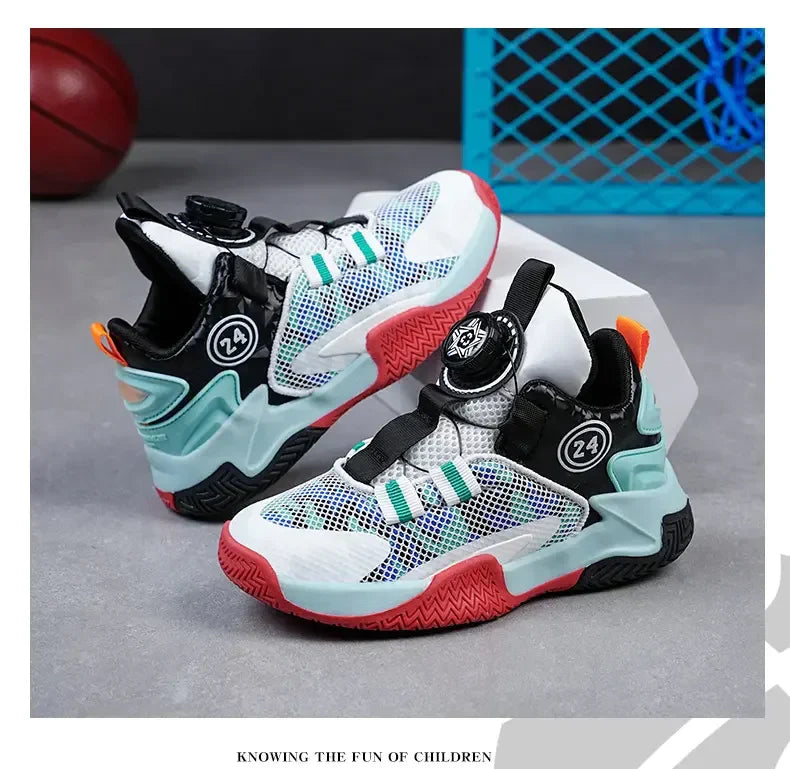 Boys Girls Quick Twist Lace Basketball Shoes Wear Resistant Comfortable Outdoor Athletic Footwear