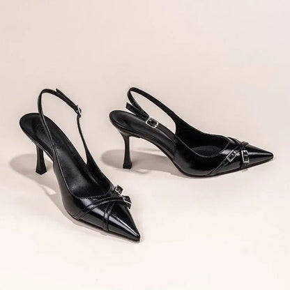 Sapatos de Salto Agulha Elegantes com Fivela, Bico Fino, Boca Rasa, para o Verão, Sapatos Femininos Pretos NO:602