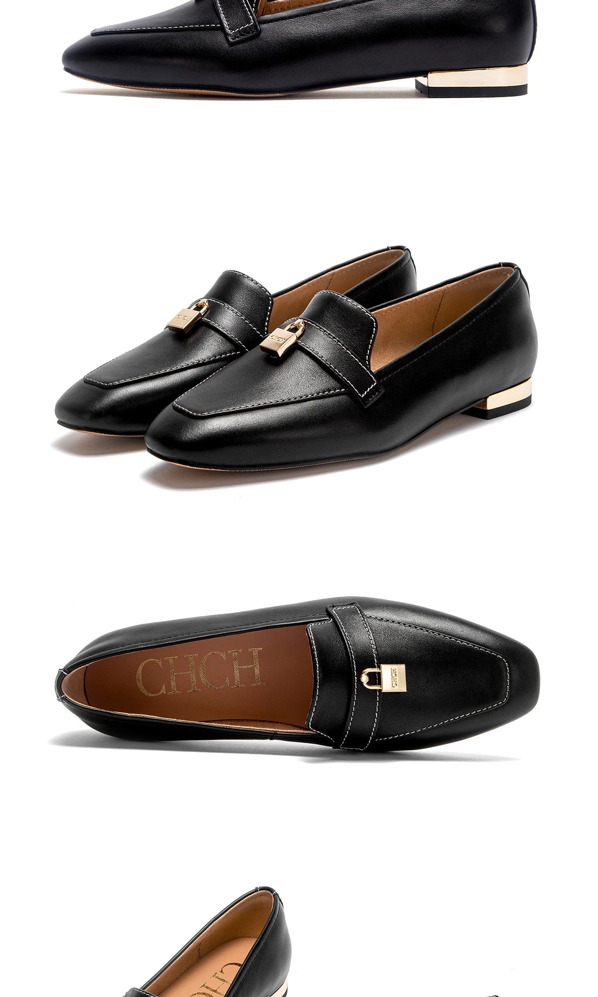 Women's Leather Loafers with Gold Lock Detail Square Toe Low Heel Penny Casual Office Slip-On Dress Shoes for Woman