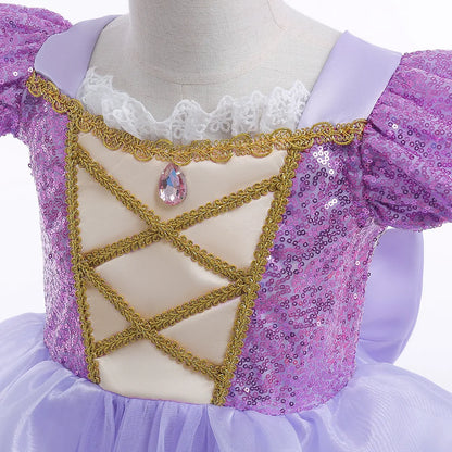 European and American Style Girl Princess Dress Rapunzel Apparel Ball Gown with Bow at Back Children Halloween Tangled Role Play