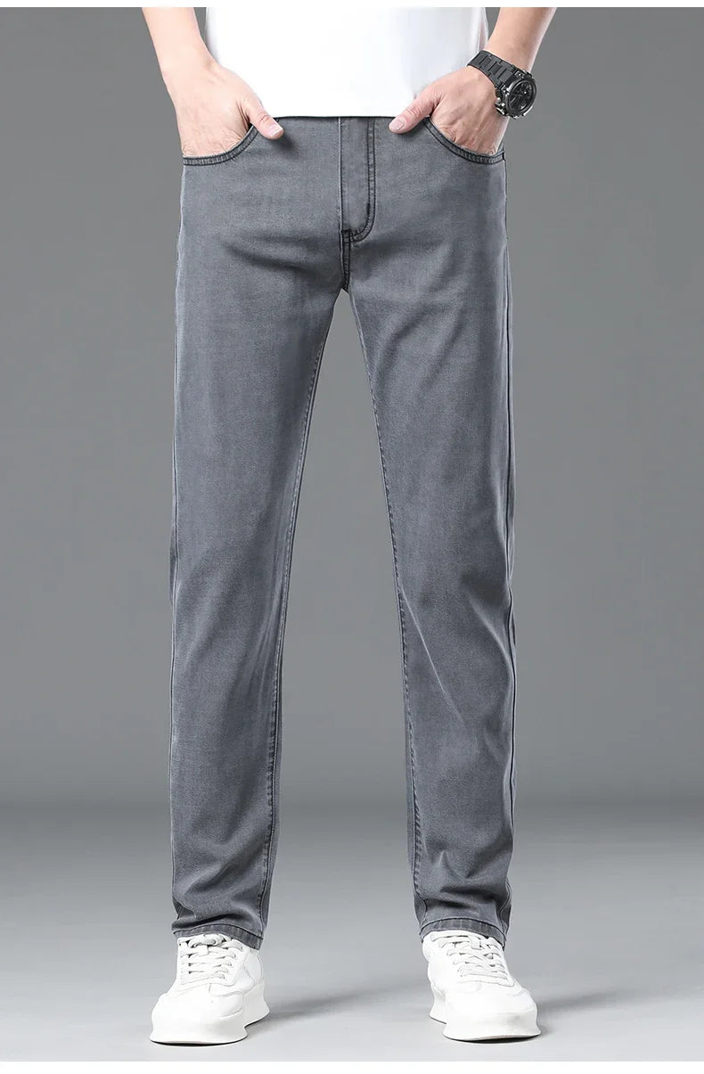 Summer Lyocell Ultra-thin Jeans Men Straight Stretch Breathable Denim Pants Fashion Business Casual Male Trousers Black Gray