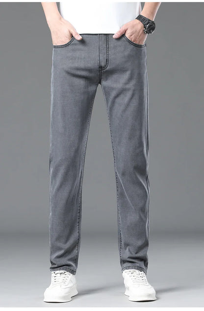 Summer Lyocell Ultra-thin Jeans Men Straight Stretch Breathable Denim Pants Fashion Business Casual Male Trousers Black Gray