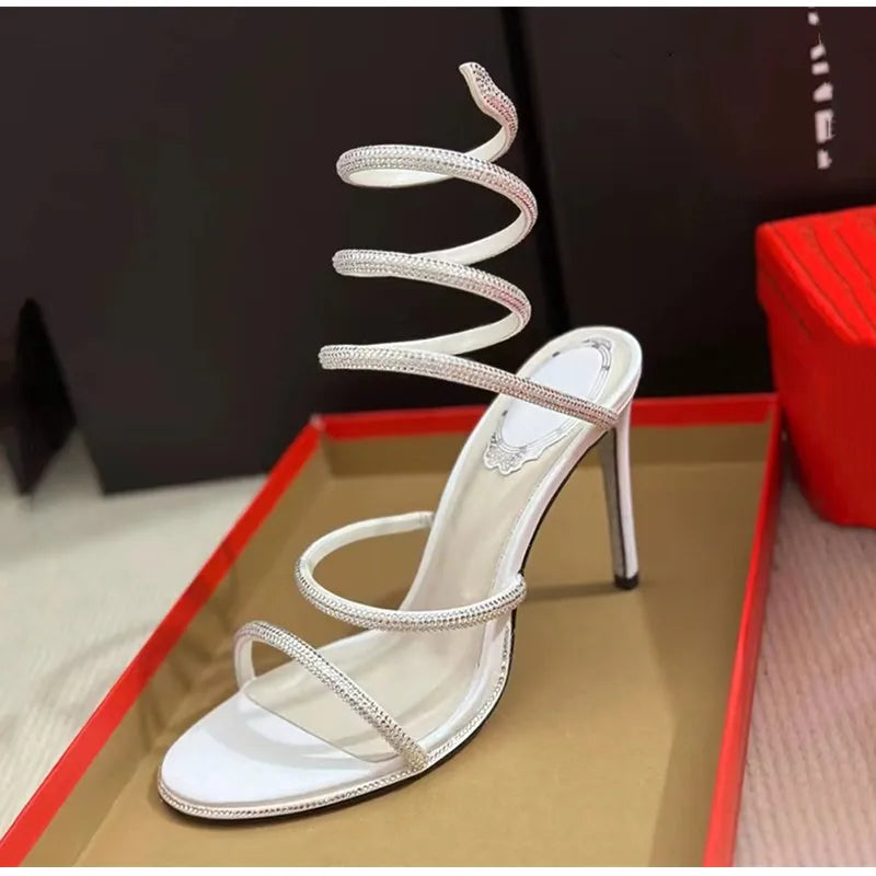 Luxury Rhinestones Snake Coiled Stiletto Heeled Women Gladiator Sandals 2024 Summer Silver Sole High heels Banquet Wedding Shoes