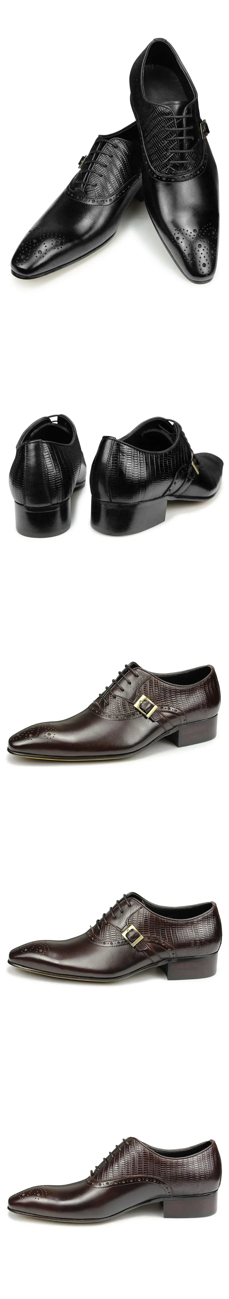 Genuine Leather Brogue Shoes Formal Oxford Lace-up  Dress Shoes Handcrafted Male Business Office Man Side Metal Buckl
