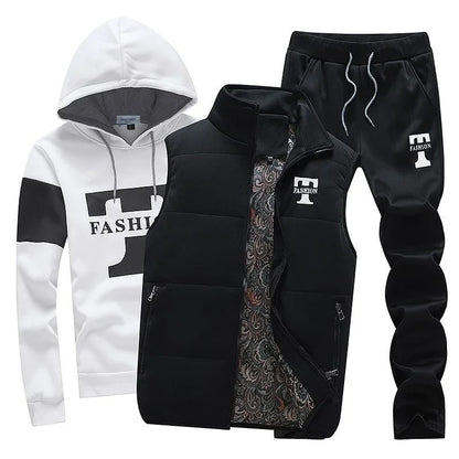 3 Pieces Set Hoodies+Vest+Pants Casual Track Suit Clothing Coats Winter Thick Warm Tracksuit for Couple Printed Mens Set Vest