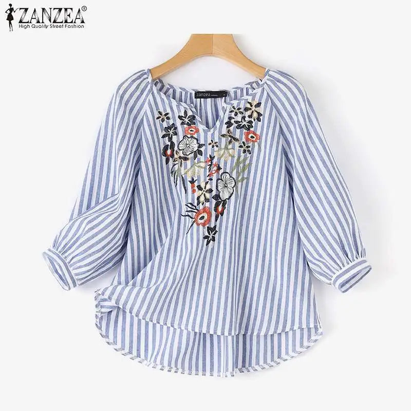 Fashion V Neck 3/4 Sleeve Embroidery Floral Blouse Women Summer Bohemian Striped Tops Casual Holiday Shirt Work Blusas