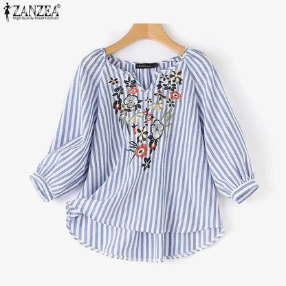 Fashion V Neck 3/4 Sleeve Embroidery Floral Blouse Women Summer Bohemian Striped Tops Casual Holiday Shirt Work Blusas