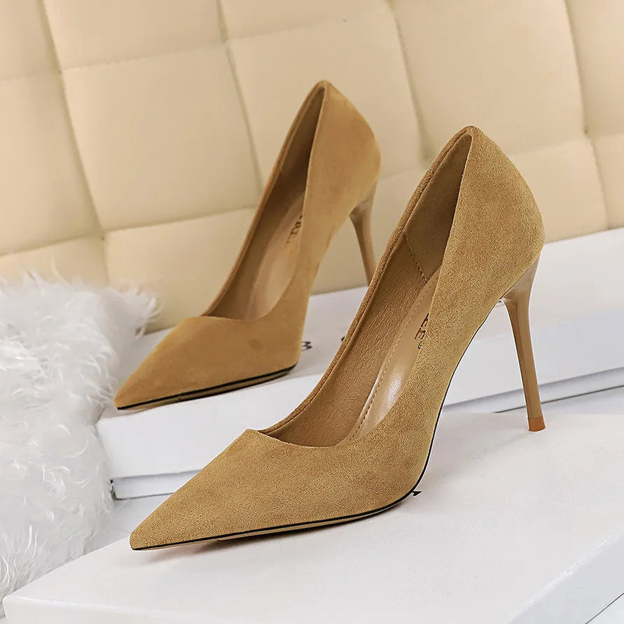 Women 9cm High Heels Pumps Stripper Flock Suede Plus Size Escarpins Lady Wedding Bridal Heels Escarpins Green Blue Yellow Shoes