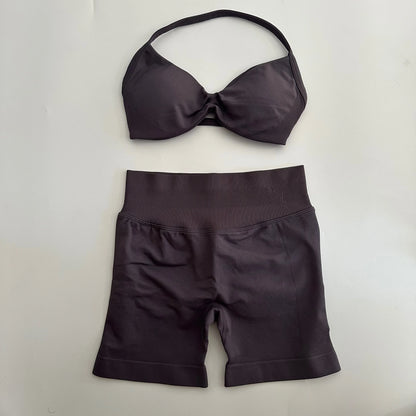 Yoga Gym Set Women Seamless Strappy Yoga Bra Top High Waist Workout Scrunch Shorts Sports Set Fitness Clothes Sportswear