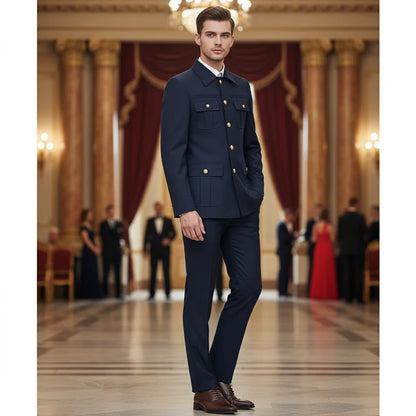 Terno masculino slim fit preto de duas peças blazer de homem de negócios casual de cor sólida com várias fivelas e vários bolsos de ajuste clássico