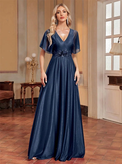 Elegant Royal V-neck Formal Evening Dress 2025 Women Short Sleeves Applique Wedding Party Dresses Long Gowns