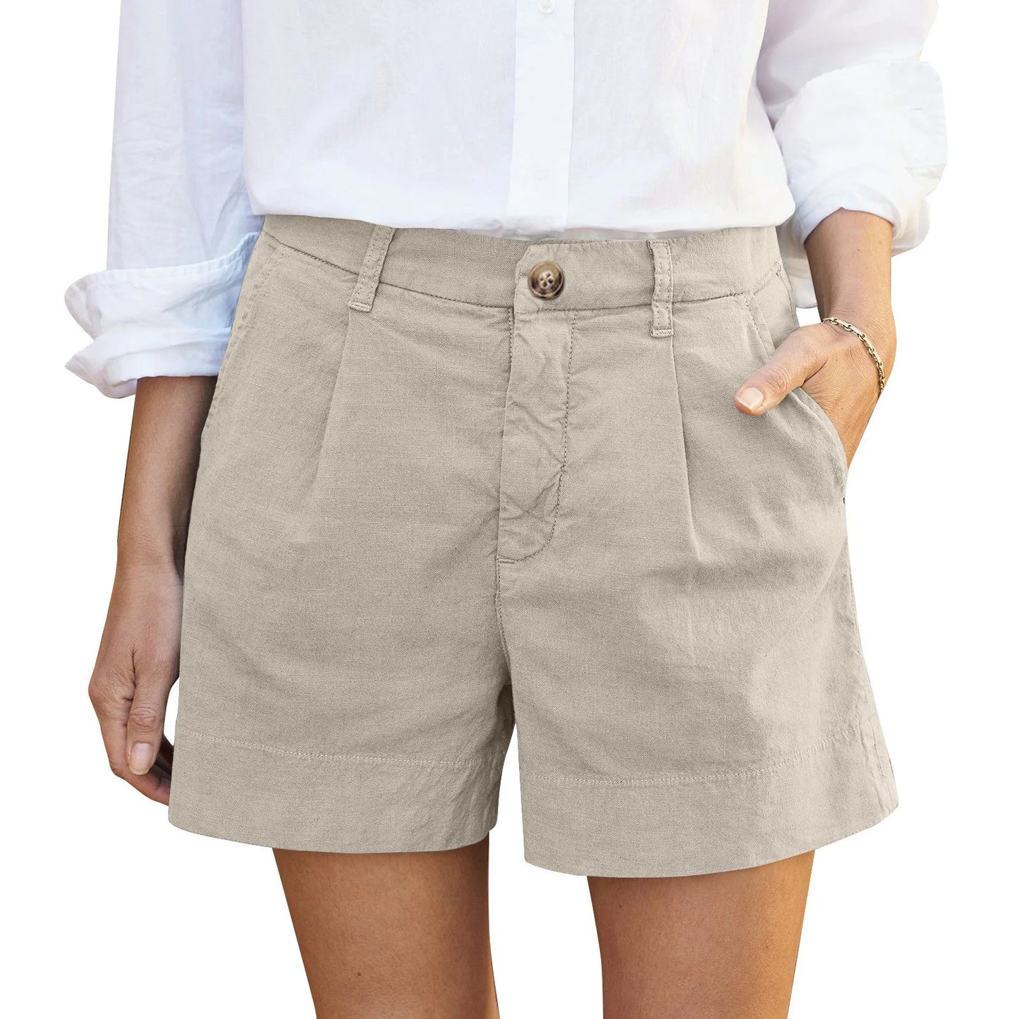 Cotton Linen Solid Shorts For Women Button High Waist Summer Loose Casual Pockets Shorts Female Pants Women Clothing