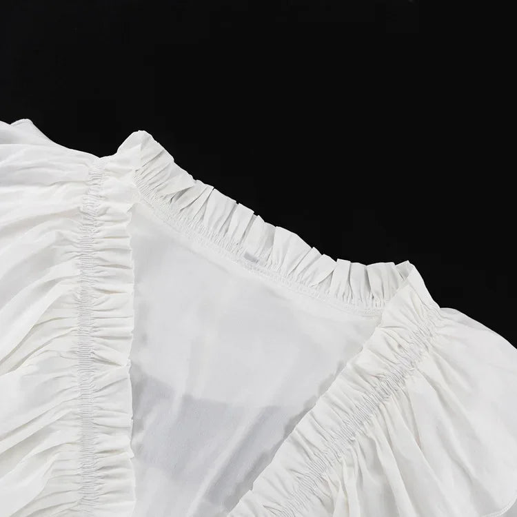White Ruffle Bandage Mini Dress Women's Elegant Patchwork Long Sleeve Dress New Slim V Neck Lace Up Summer Mini Dress