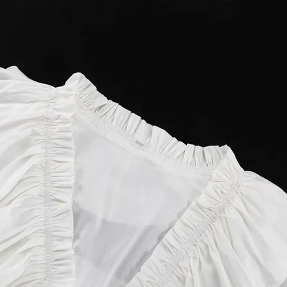 White Ruffle Bandage Mini Dress Women's Elegant Patchwork Long Sleeve Dress New Slim V Neck Lace Up Summer Mini Dress