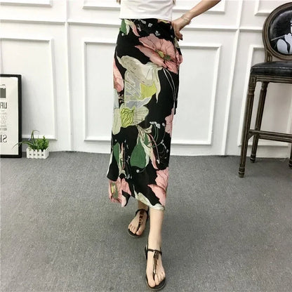 2025 New Women's One-Piece Floral Print Skirt High Waist Wrap Chiffon Beach Dress with Tie Waist Summer Vacation Boho Style