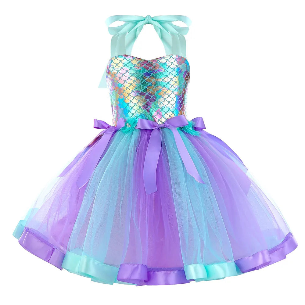 Girls Mermaid Tutu Dress Under the Sea Theme Birthday Party Halloween Cosplay Costumes with Flower Headband