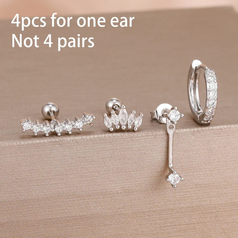 4PCS Stainless Steel Circle Huggie Hoop Earrings Set for Women Gold Color Unique Zircon Flower Stud Earring Piercing Jewelry