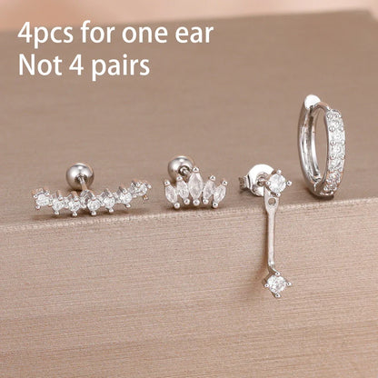 4PCS Stainless Steel Circle Huggie Hoop Earrings Set for Women Gold Color Unique Zircon Flower Stud Earring Piercing Jewelry