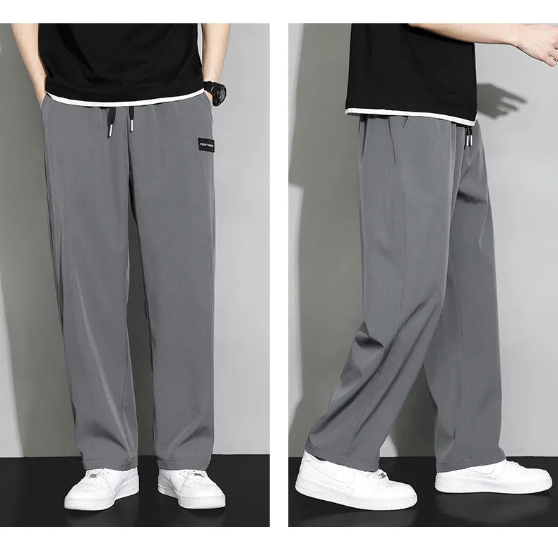 Men Drawstring Casual Pants Loose Drape Wide-leg Athleisure Pants Men Summer Thin Quick-drying Trousers Ice Silk Straight Pants
