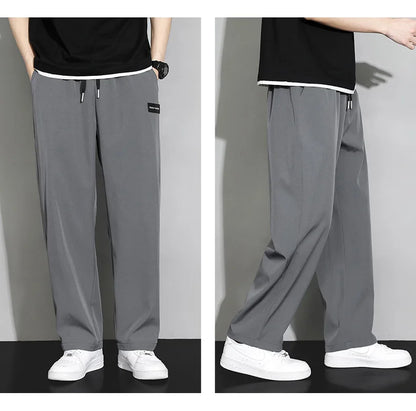 Men Drawstring Casual Pants Loose Drape Wide-leg Athleisure Pants Men Summer Thin Quick-drying Trousers Ice Silk Straight Pants