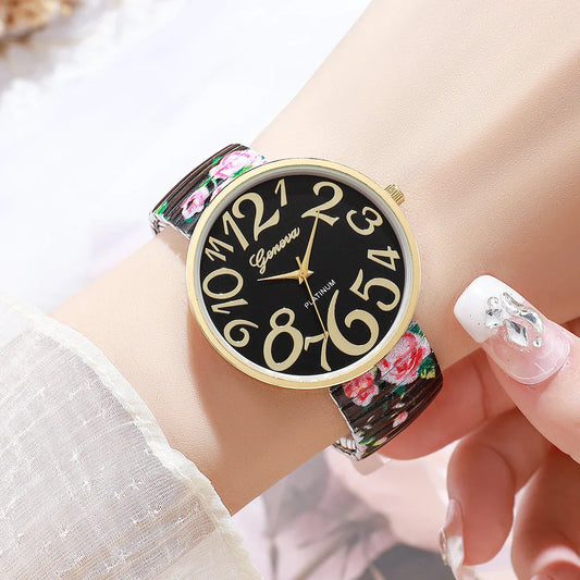1/2/3/4PCS Fashion Flowers Printed Women Watch Luxury Elastic Strap Arabic Quartz Watches Reloj Mujer Girls Clock（Without Box）
