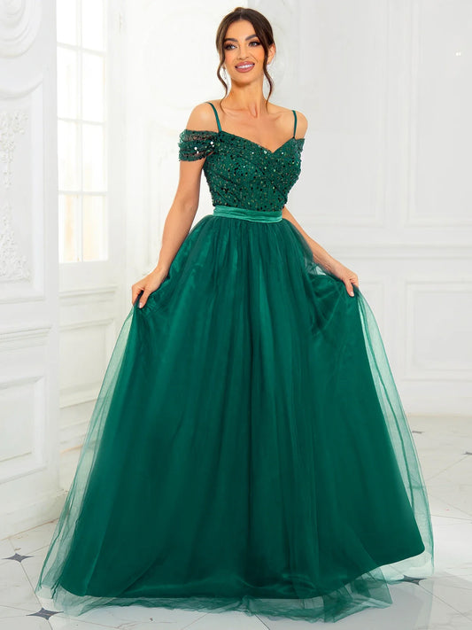 A Line Prom Evening Gown Off the Shoulder Backless Lace Up Sequin Patchwork Mesh Skirt Maxi Dresses for Women