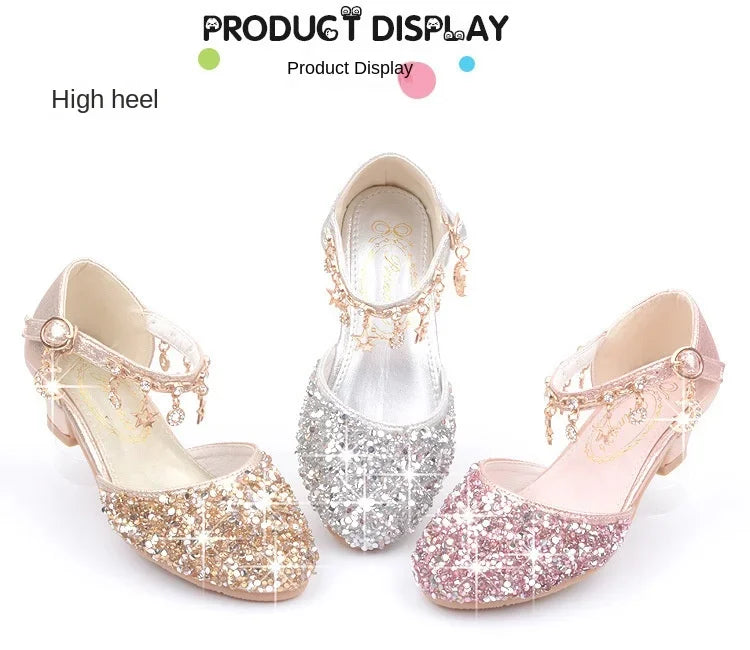 Fashion Kid Leather Shoe 2023 Summer Sequin Princess Shoe Crystal High Heel Sandals Kid Shoes Girl Dresses Mary Jane Girl Shoes