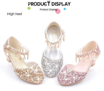 Fashion Kid Leather Shoe 2023 Summer Sequin Princess Shoe Crystal High Heel Sandals Kid Shoes Girl Dresses Mary Jane Girl Shoes