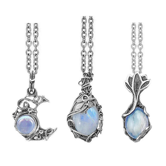 Artificial Moonstone Antique Pendant Necklace Gems Cabochon Vintage Boho Moon Necklace for Lady Girls Women Gift