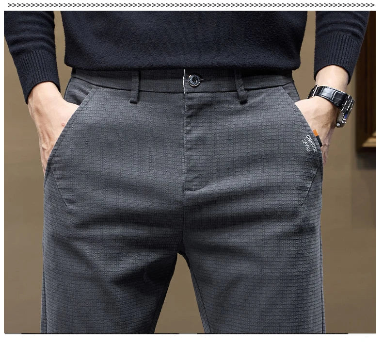 Winter Thicken Men's Solid Slim Straight Casual Pants Business Classic Fleece Trousers Male Warm Plaid Elasticity Pants
