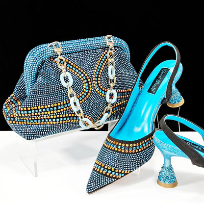 Italian Pumps and Bag To Party 2024 INS Style Pointed-Toe Rhinestone Elegant High Heels Champagne Wedge for Women