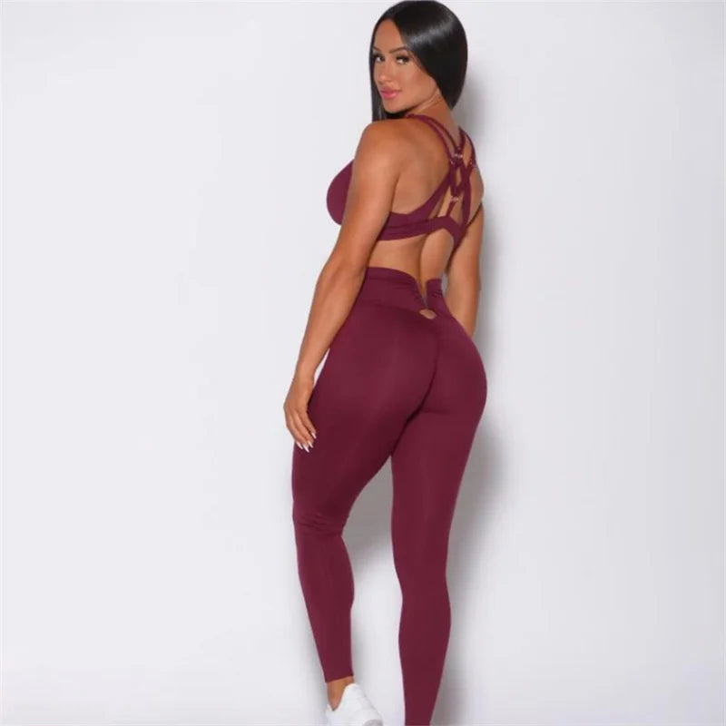 Yoga Set Two piece Hollow Sports Bra Cross Back High Waist Leggings Fitness Workout Women's Tracksuit Gym Outfits Clothing