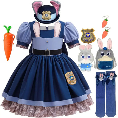 2 Brave Cute Bunny Judy Costume For Baby Girl Role Play Judy Hopps Rabbit Disguise Dress Doll Set 2-10 Yrs