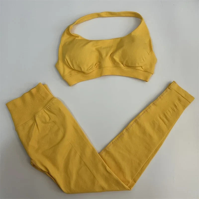 Yoga Legging Sets for Women Seamless Yoga Set Scrunch Butt Legging Set Workout Gym Suit with Halter Crop Top