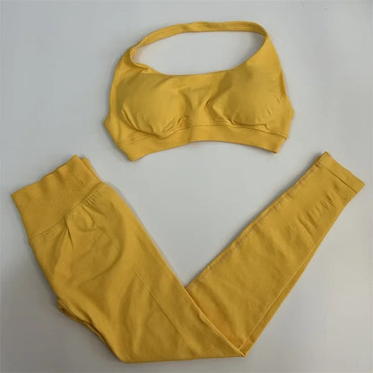 Yoga Legging Sets for Women Seamless Yoga Set Scrunch Butt Legging Set Workout Gym Suit with Halter Crop Top