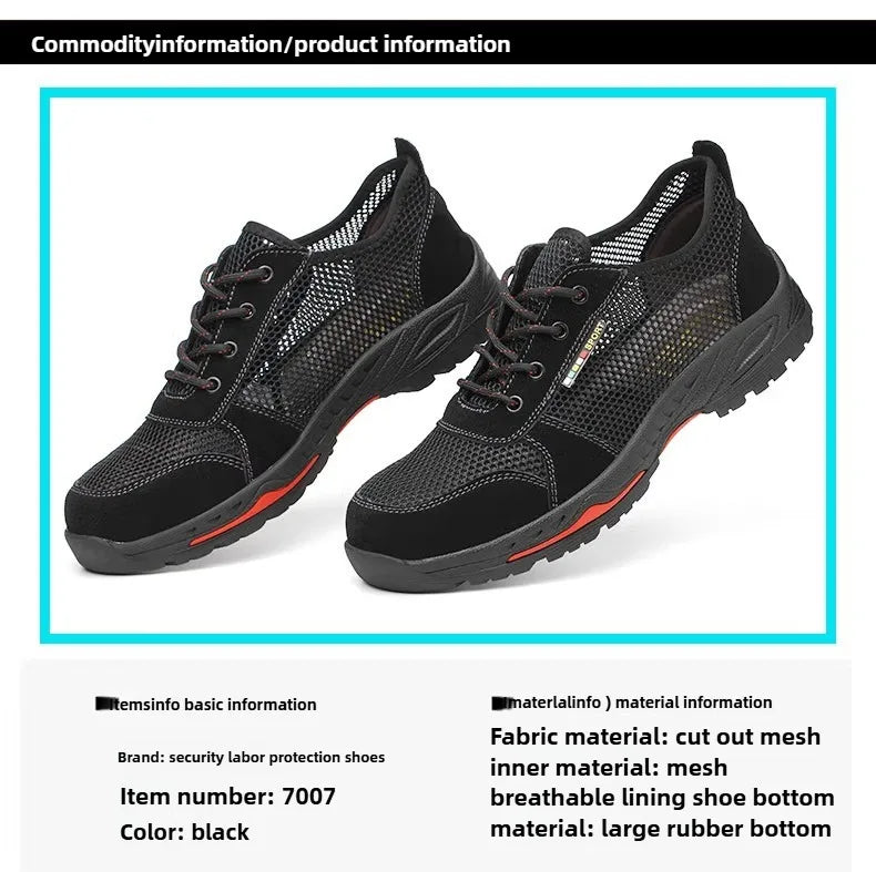 Summer Black Safety Shoes with Steel Toe Lightweight Mesh Ventilation  Puncture-proof Durable Impact-resistant Cool Comfortable