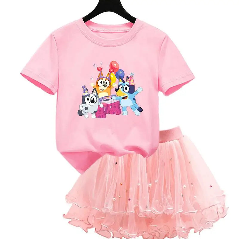 2Pcs/Set Girl Dress Kid Birthday Clothes Party Princess Dress Cartoon T-shirt+Tutu Skirt Summer Evening Christmas Gift