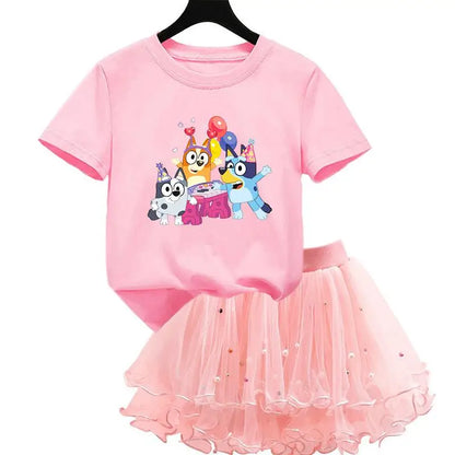 2Pcs/Set Girl Dress Kid Birthday Clothes Party Princess Dress Cartoon T-shirt+Tutu Skirt Summer Evening Christmas Gift
